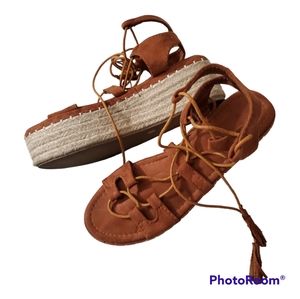Espadrille platform suede chestnut sandals shoes lace up fringe sz 9 9.5 41 euc